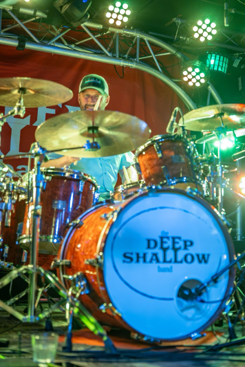 Drummer Trey Walker performing at his drumset.